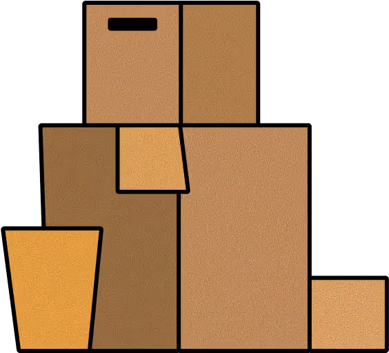 Illustration of six brown rectangular and trapezoidal boxes with black outlines arranged on a black background.