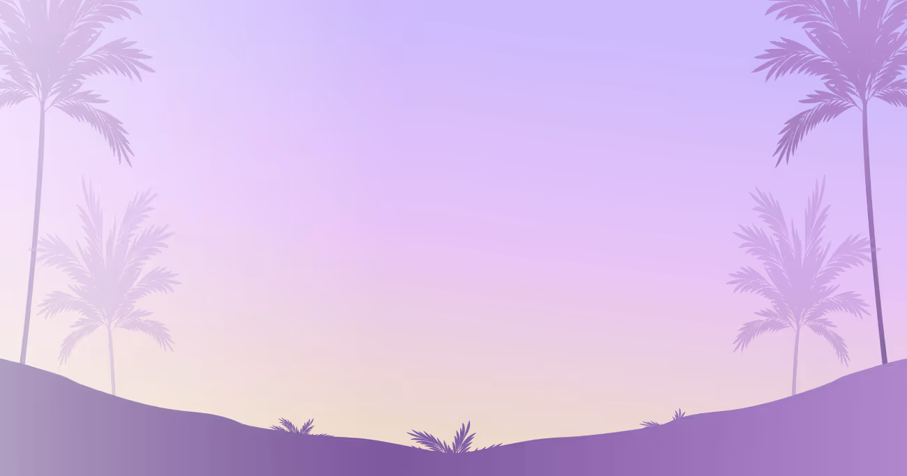 Purple gradient landscape with silhouettes of palm trees and hills at sunset or sunrise.