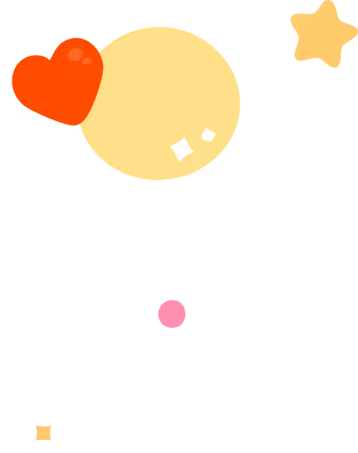 Illustration featuring a red heart, a large yellow circle with white sparkles, a yellow star, and two small circles in pink and orange on a black background.