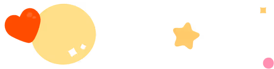 Simple graphic with an orange heart, a large yellow circle, a small yellow star, and three small colored squares on a black background.