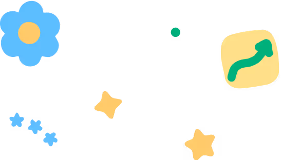 Whimsical illustration of a large blue flower, yellow stars, a green dot, and a yellow rounded square with a green upward arrow on a transparent background.