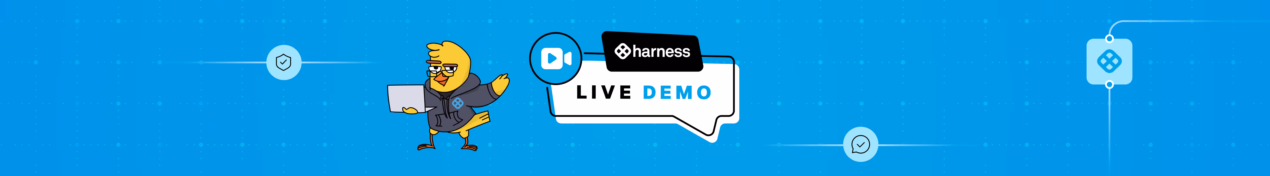 Blue banner with a cartoon bird holding a laptop and a speech bubble reading 'Harness Live Demo' with video icon.