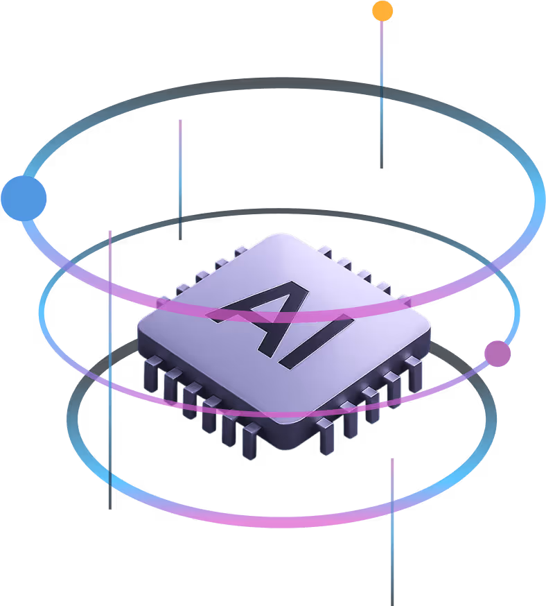 Metallic AI chip with purple and blue orbiting rings and colored spheres representing digital connections.
