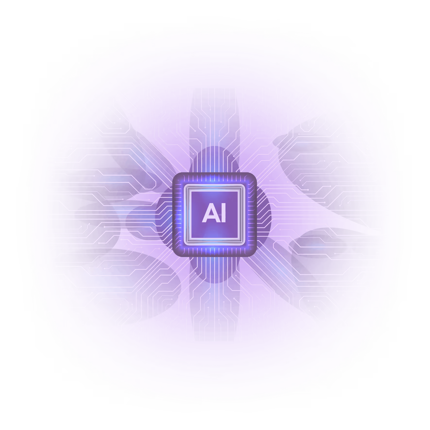 Purple glowing AI chip at the center with circuit lines radiating outward on a dark background.