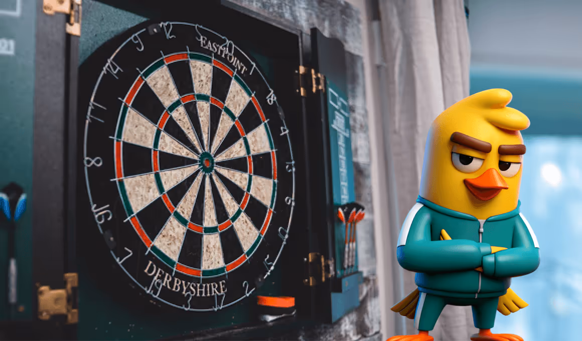 Yellow cartoon bird character in a green tracksuit standing with arms crossed next to a dartboard inside a cabinet.
