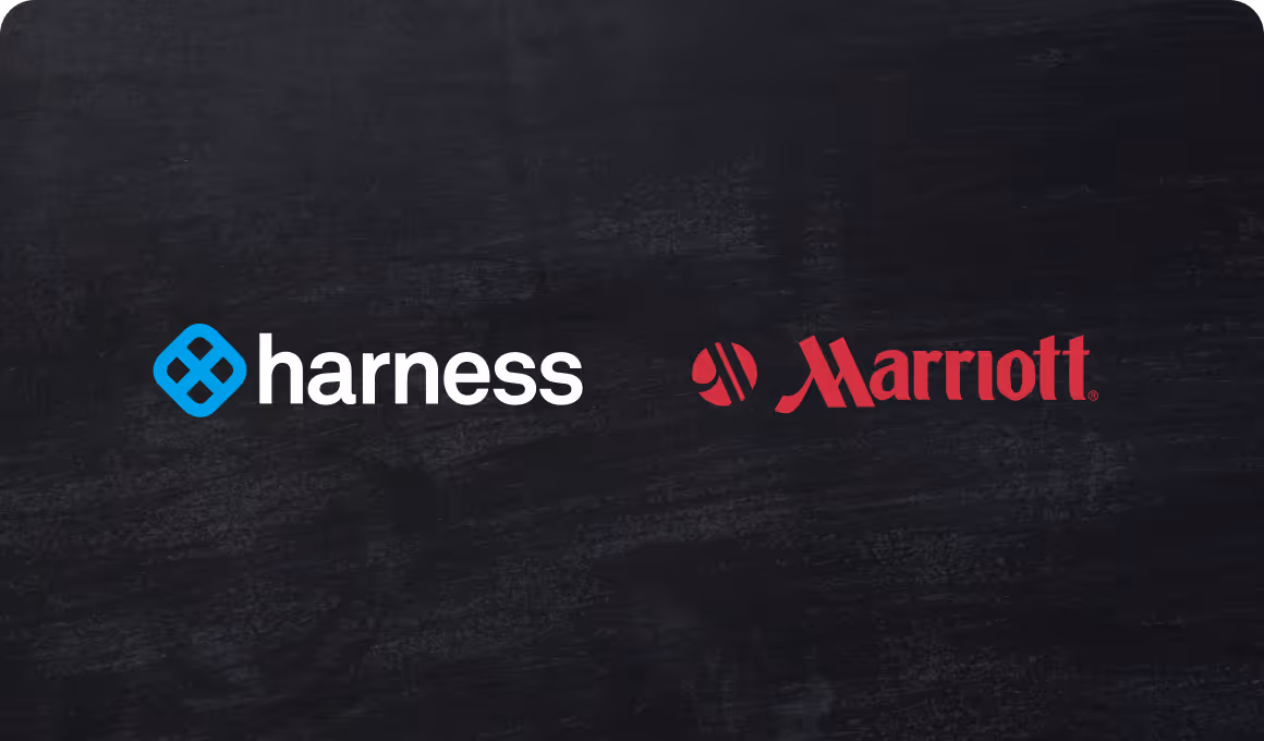 Logos of Harness and Marriott side by side on a dark textured background.