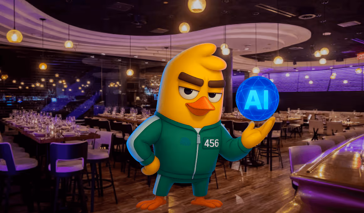 Animated yellow bird character in green tracksuit holding a glowing blue sphere labeled AI in a modern restaurant setting.