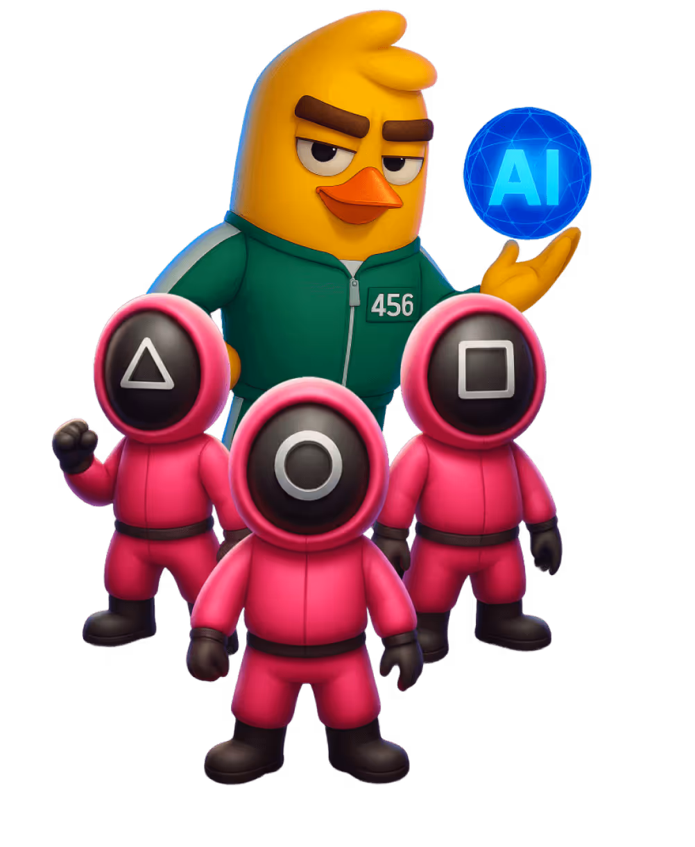 Animated yellow bird wearing green tracksuit numbered 456 holding a glowing blue AI sphere, standing behind three figures in pink hooded suits with black masks showing triangle, circle, and square symbols.