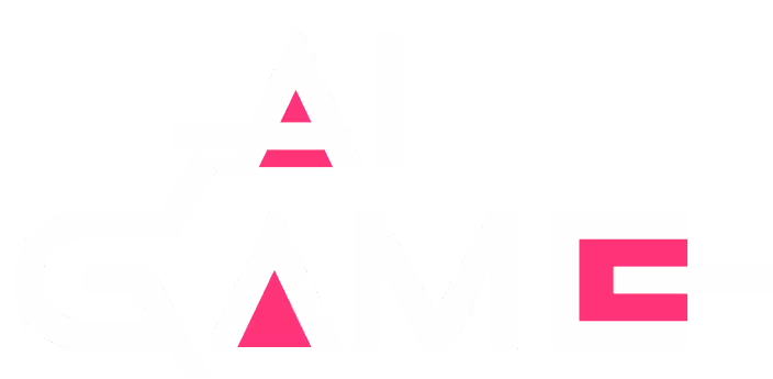 Stylized text logo with the word 'AI GAME' where some letters are formed with white and pink geometric shapes on a transparent background.
