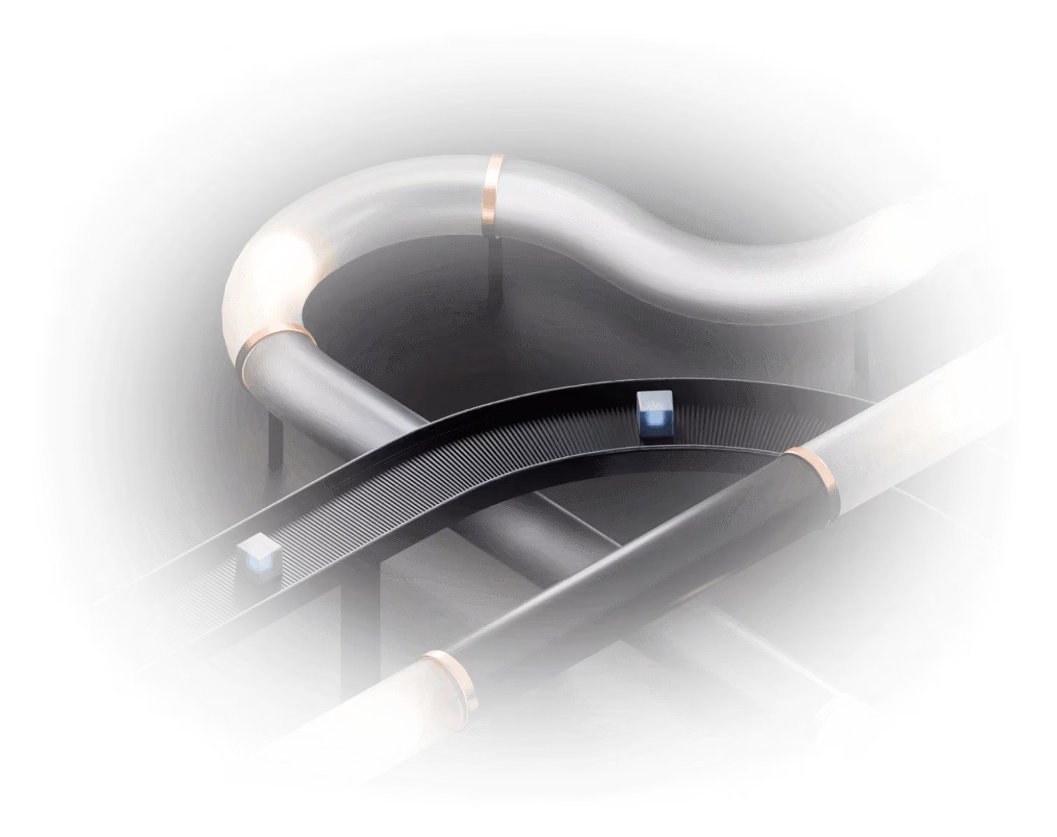3D illustration of two curved metallic pipes connected by a black conveyor belt with two small rectangular blocks on it, set against a dark background.