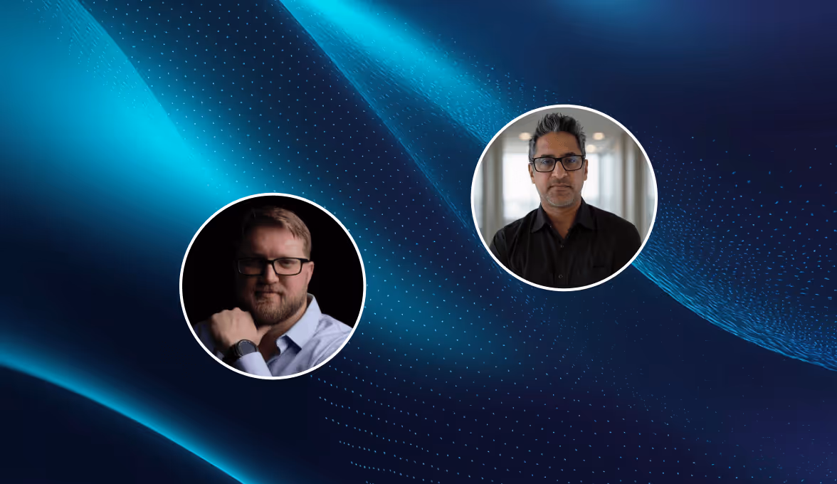 Two circular portraits of men with glasses on a blue abstract background with dotted wave patterns.