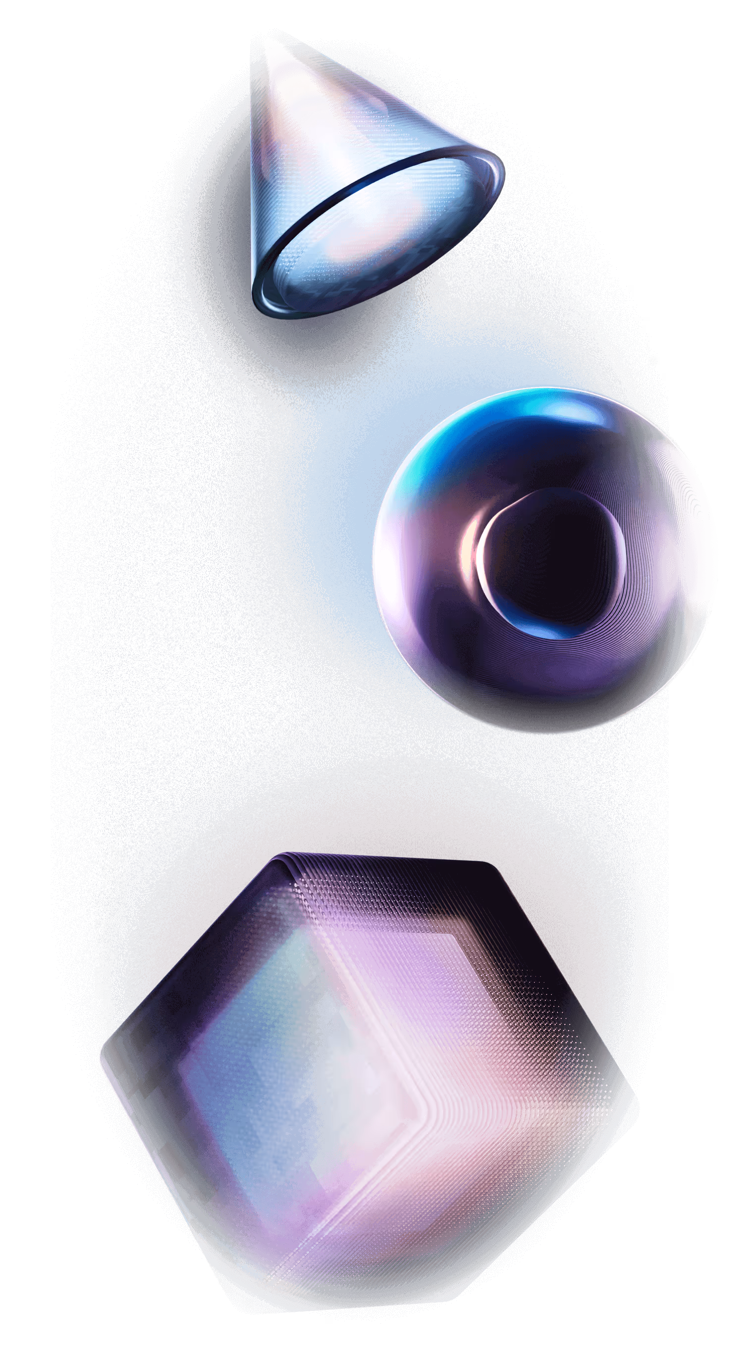 Abstract 3D shapes including a cone, a torus, and a cube with a glowing, futuristic gradient in purple and blue tones on a dark background.