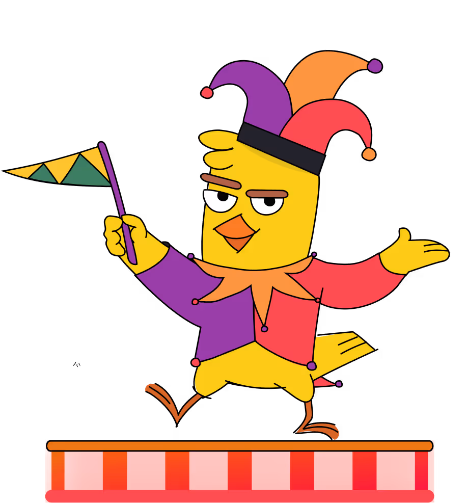 Yellow cartoon bird in a colorful jester costume holding a small flag and standing on a red and pink platform.