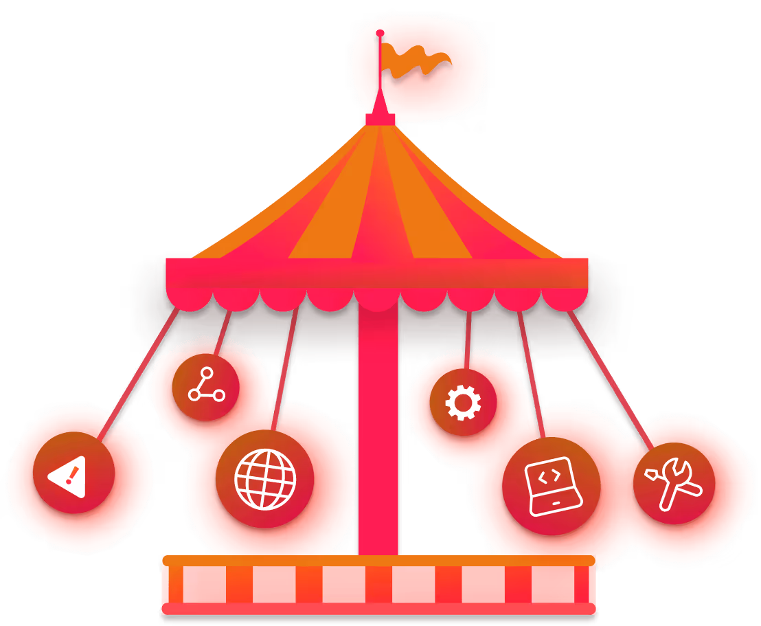 Illustration of a red and orange carnival tent with six hanging icons including alert, share, globe, gear, code on screen, and wrench.