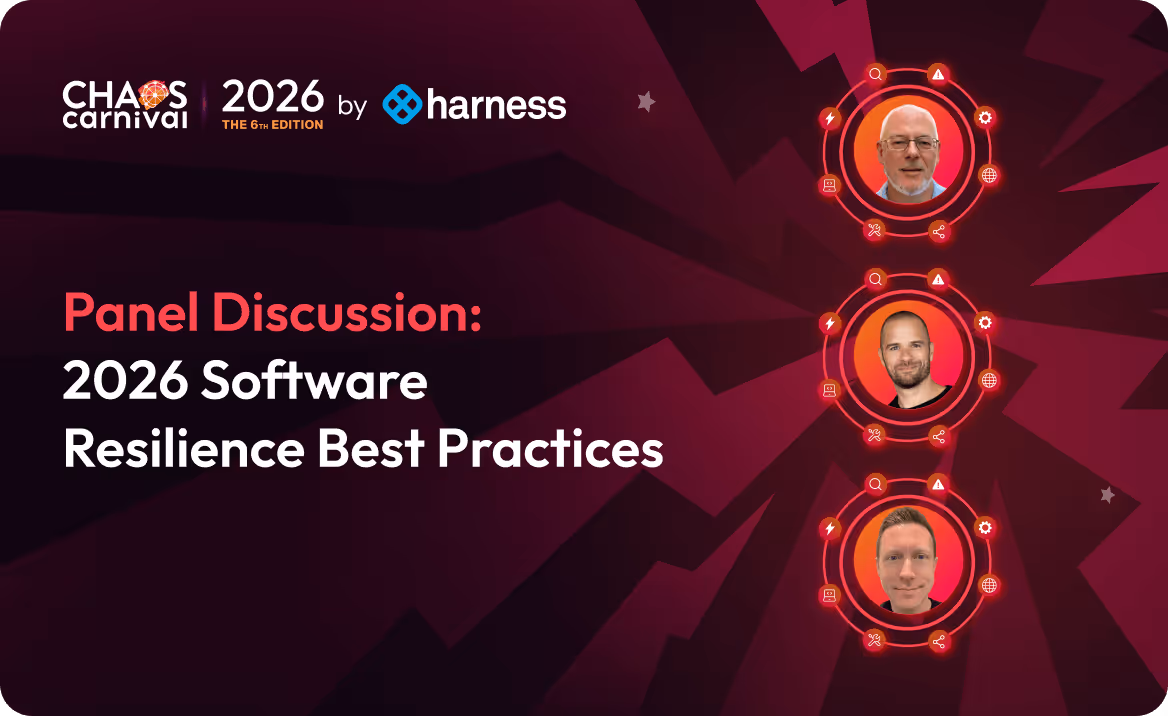 Chaos Carnival 2026 panel discussion on Software Resilience Best Practices featuring three male speakers with circular red graphic frames.