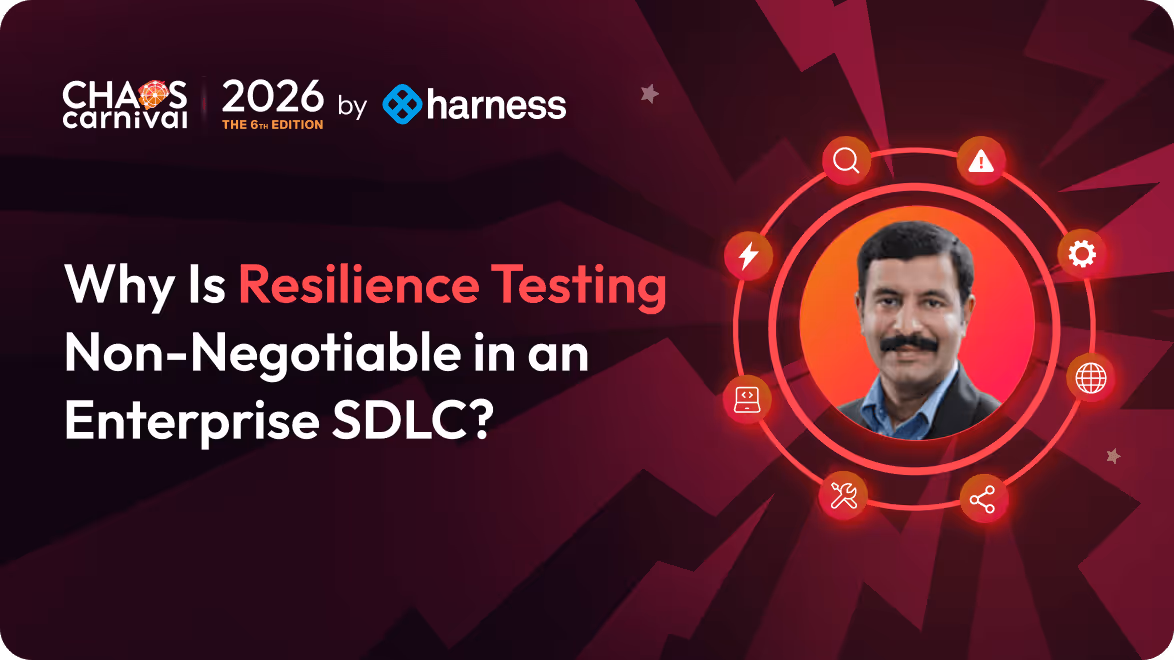 Chaos Carnival 2026 by Harness session card titled 'Why Is Resilience Testing Non-Negotiable in an Enterprise SDLC?' with speaker's photo surrounded by technology icons.
