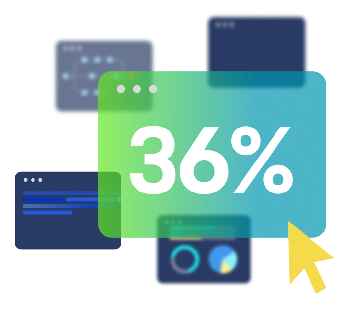 Digital interface with a large green-blue box displaying '36%' and surrounding smaller charts and diagrams with a yellow cursor pointer.