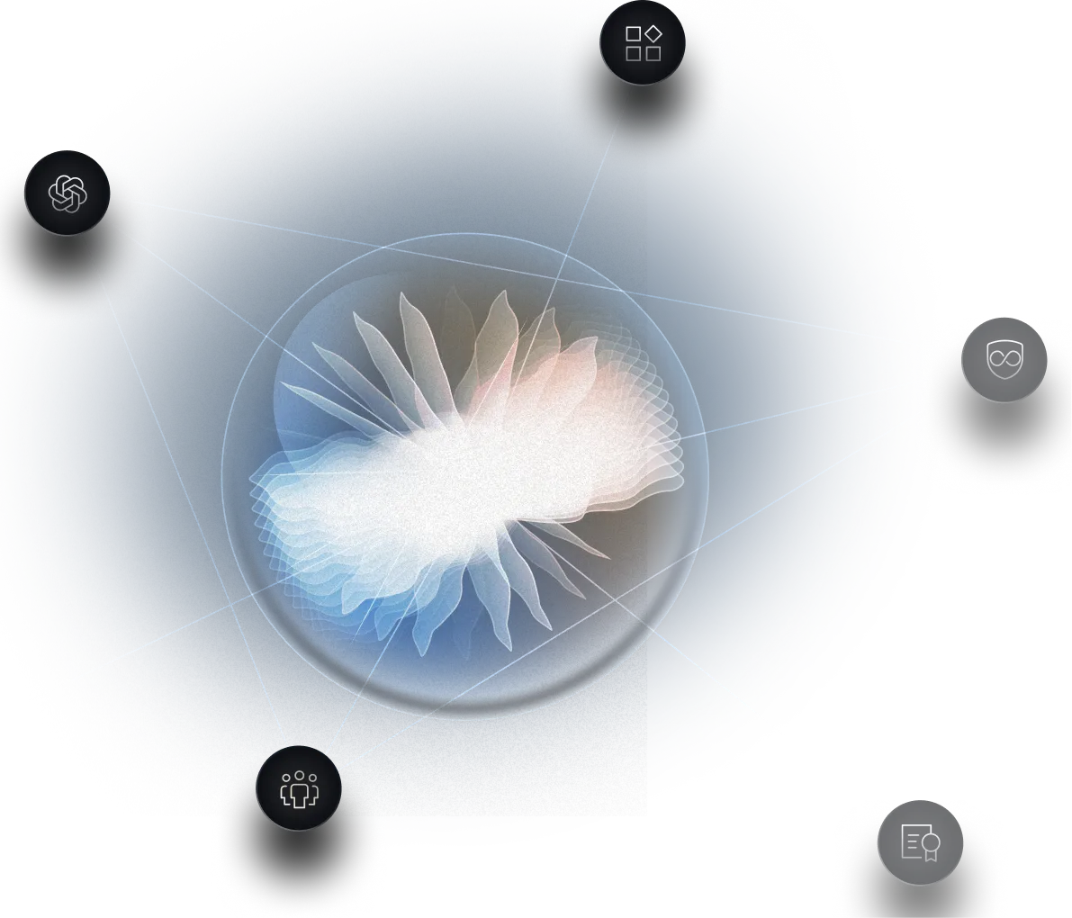 Abstract graphic showing a central orb connected to integration icons