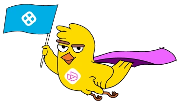 Illustrated Harness canary mascot holding a blue flag.