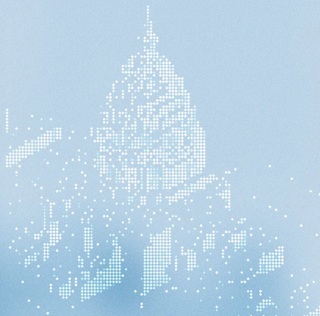 Halftone illustration of the U.S. Capitol dome built from blue geometric blocks