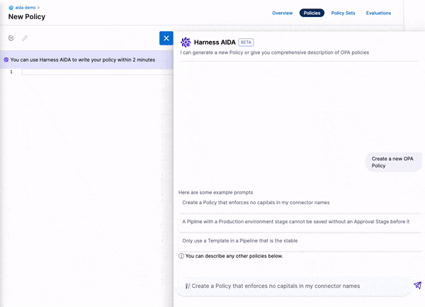 Harness AIDA generating an OPA policy in Rego from a natural language prompt in the policy editor