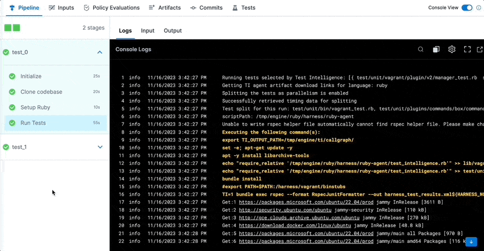 Harness CI console logs showing Test Intelligence selecting and splitting specific Ruby tests for parallel execution
