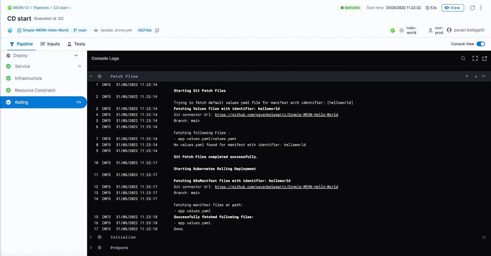 Harness pipeline execution view showing console logs for a successful Kubernetes rolling deployment