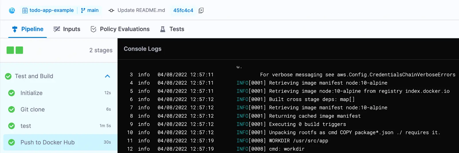 Harness pipeline execution showing successful Test and Build stage with console logs for Push to Docker Hub