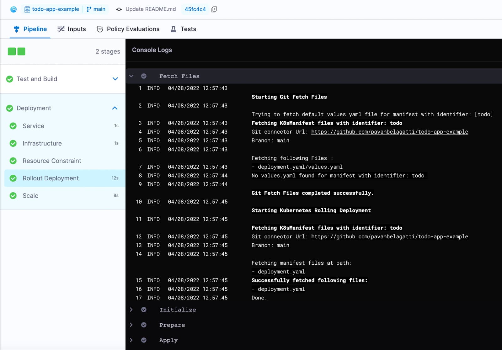 Harness pipeline execution showing successful deployment stage steps and console logs for Kubernetes rolling deployment