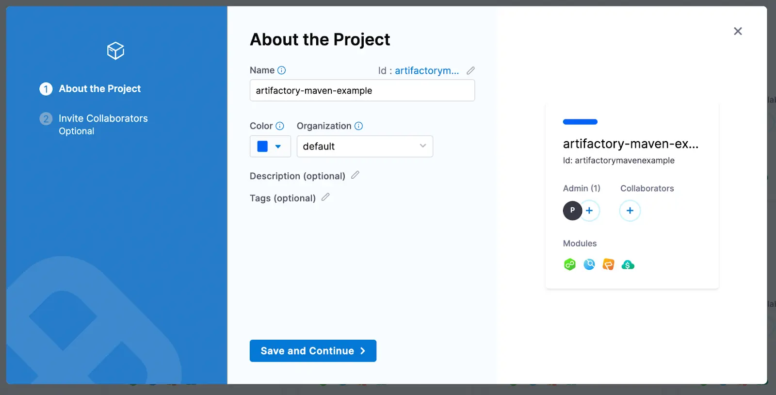 Harness project creation wizard with the project name artifactory-maven-example filled in