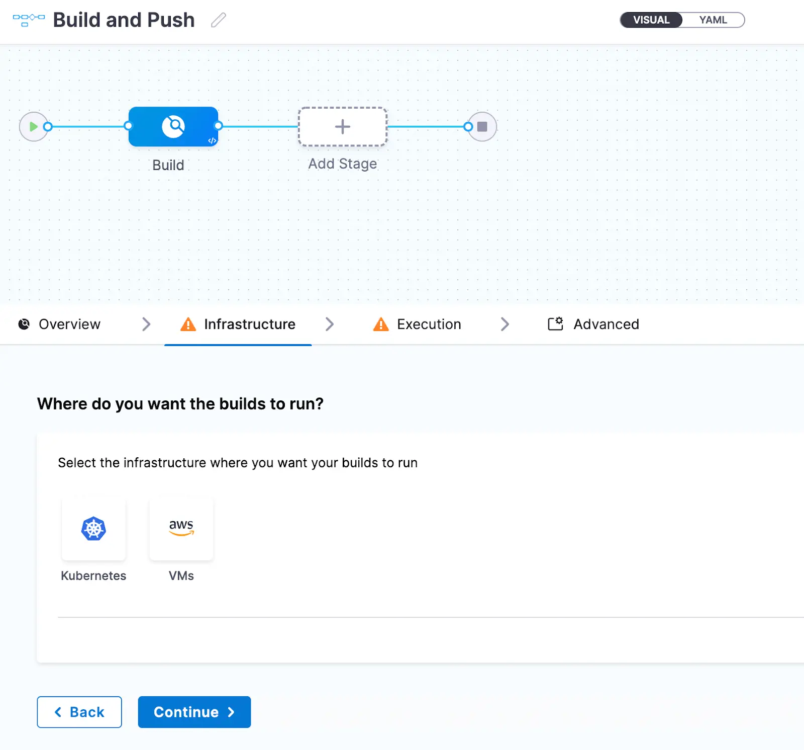 Selecting Kubernetes or VMs as the build infrastructure in the Harness pipeline editor