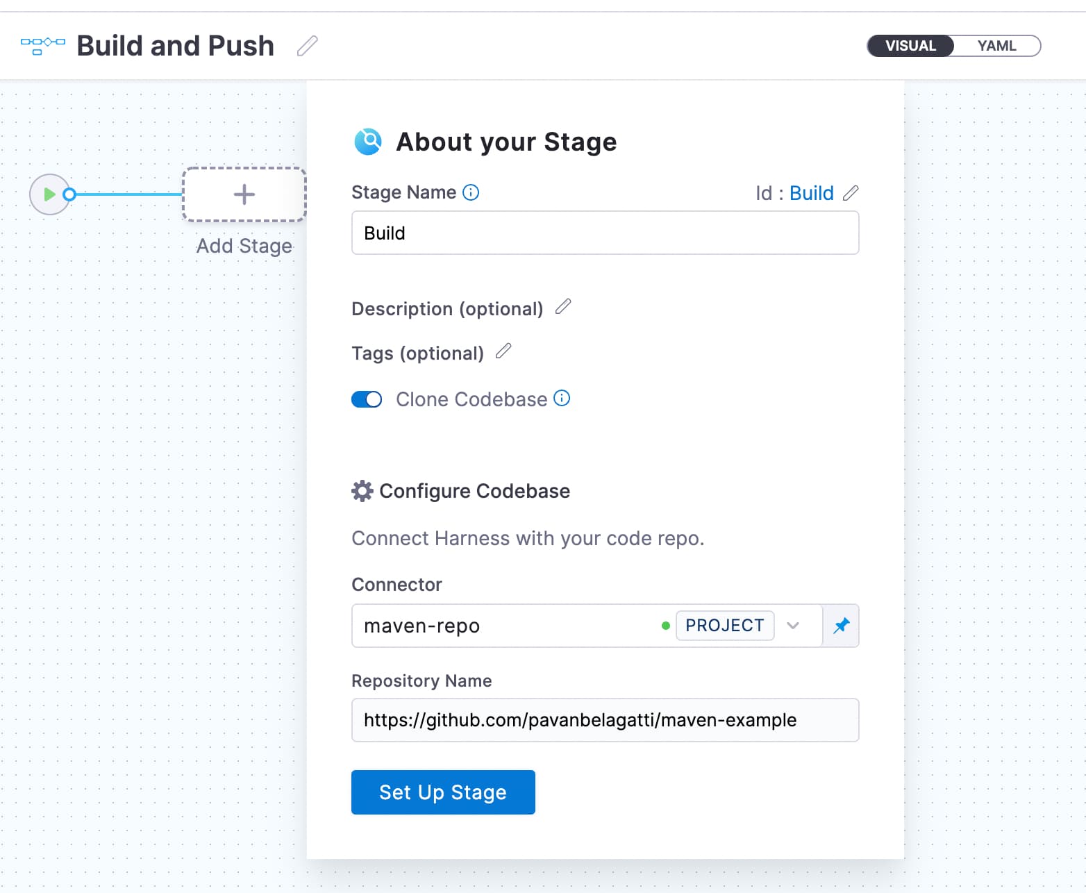 Configuring a Build stage in Harness with a GitHub repository and maven-repo connector