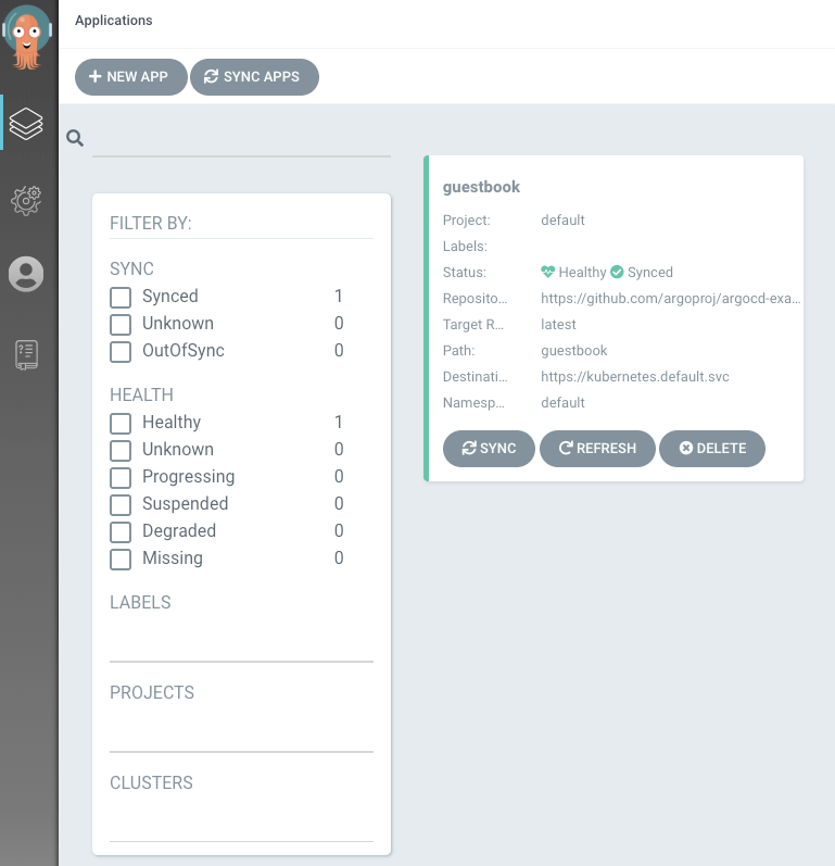 Argo CD Applications dashboard displaying a healthy, synced guestbook application card and filter sidebar
