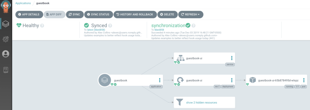 Argo CD dashboard displaying a Healthy and Synced guestbook application with its connected Kubernetes resources
