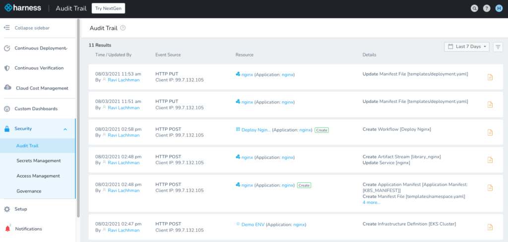 Harness Audit Trail dashboard displaying logged events, including manifest updates and workflow creations