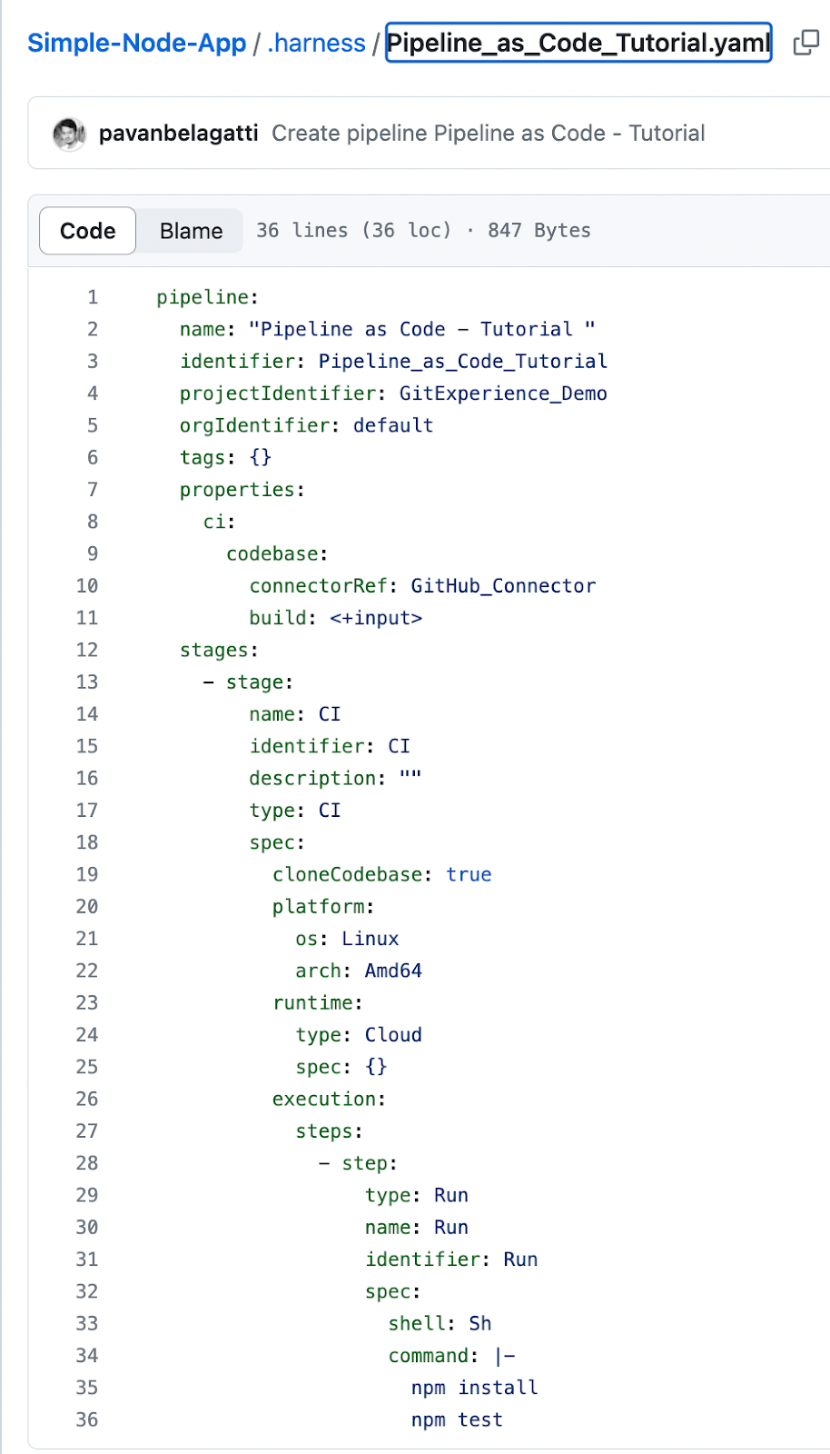 Pipeline YAML file named Pipeline_as_Code_Tutorial.yaml stored in the .harness folder of a Git repository