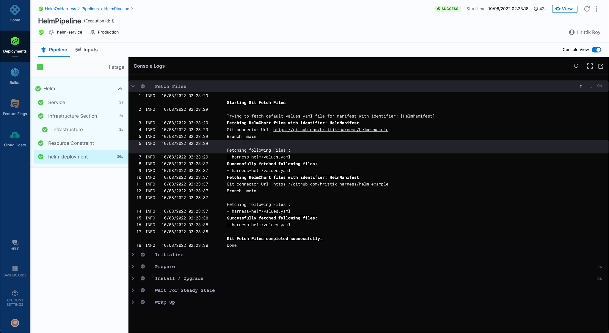 Successful HelmPipeline execution in Harness showing green checkmarks next to all deployment steps