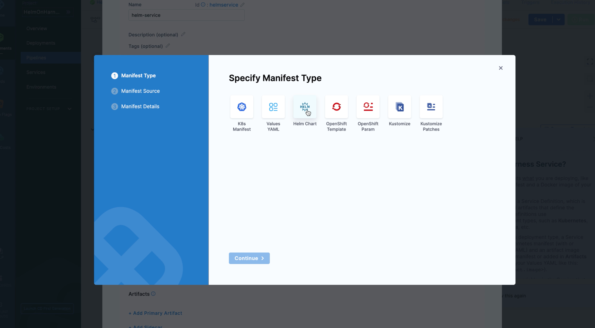 Selecting Helm Chart as the manifest type in the Harness Specify Manifest Type modal