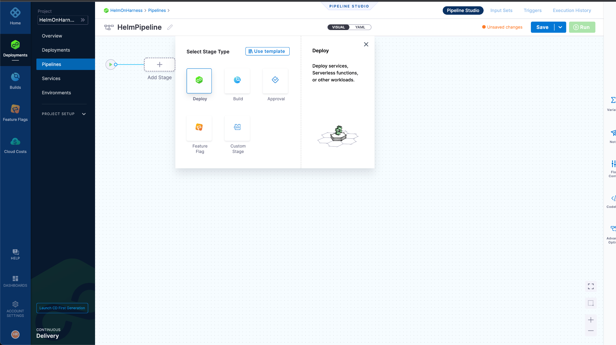 Selecting the Deploy stage type in the Harness Pipeline Studio for a new pipeline named HelmPipeline