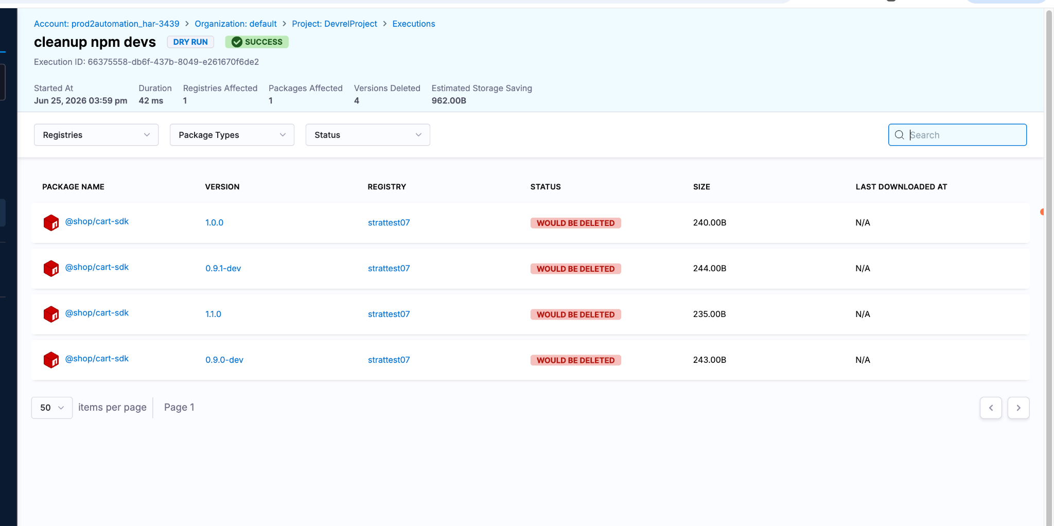 Dry run showing org rule visible but not yet attached, all versions flagged for deletion