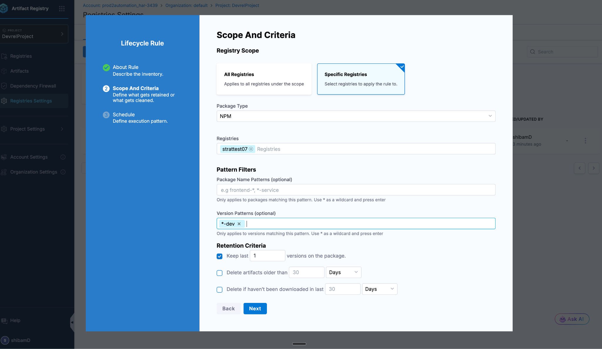 Harness Artifact Registry cleanup rule for npm package with version patterns and Keep last criteria