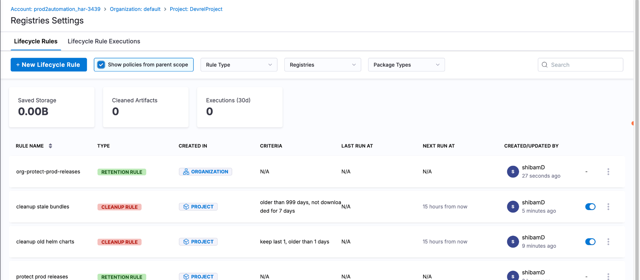 Project scope rules list showing inherited organization-level retention rule