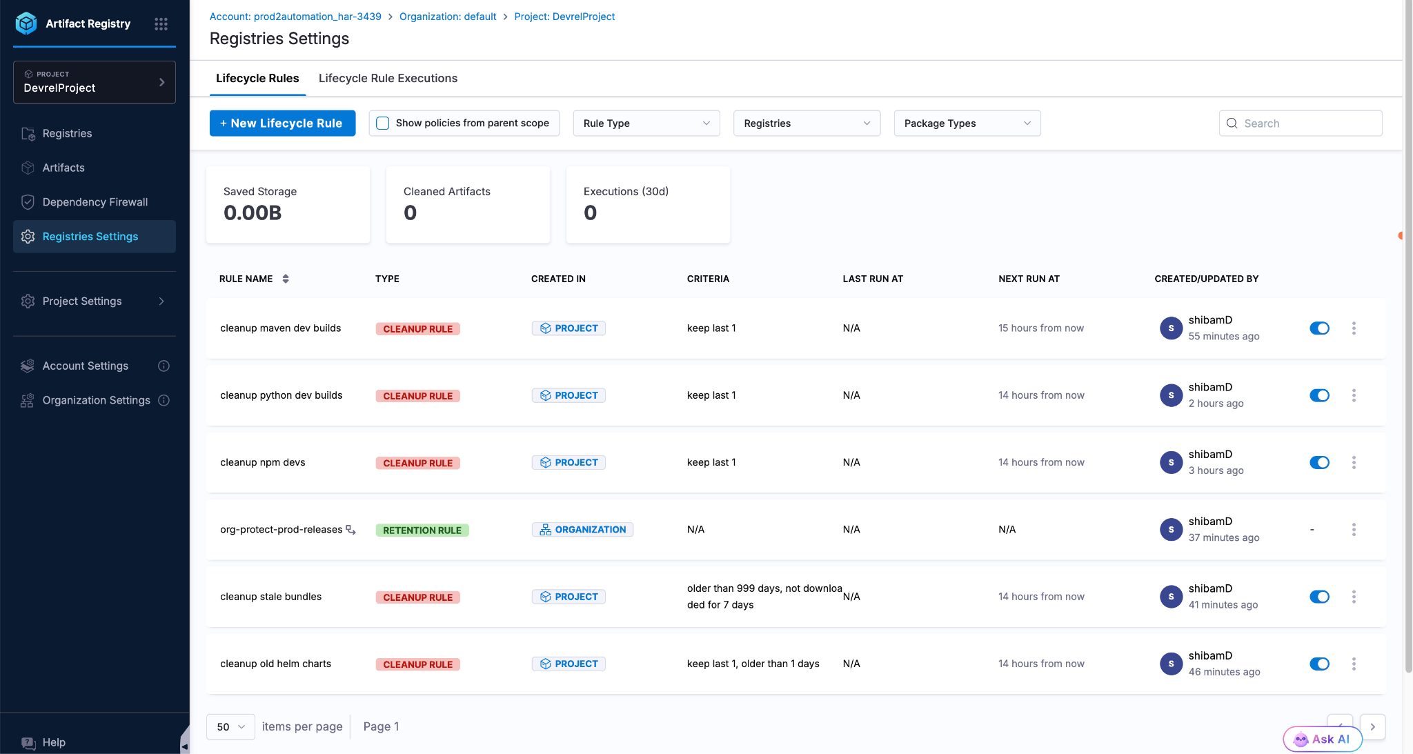 Complete lifecycle rules setup across Docker, npm, Maven, Python, Helm before scheduled execution