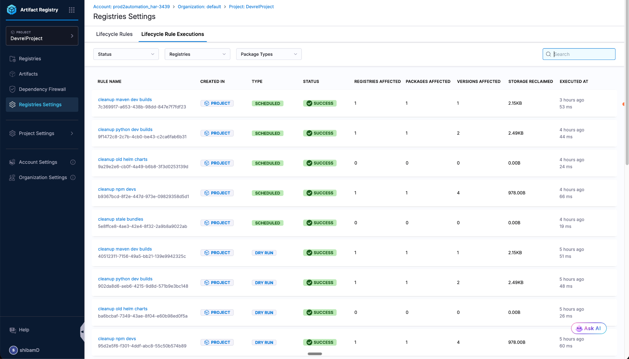 Lifecycle Rule Executions tab with scheduled and dry run history