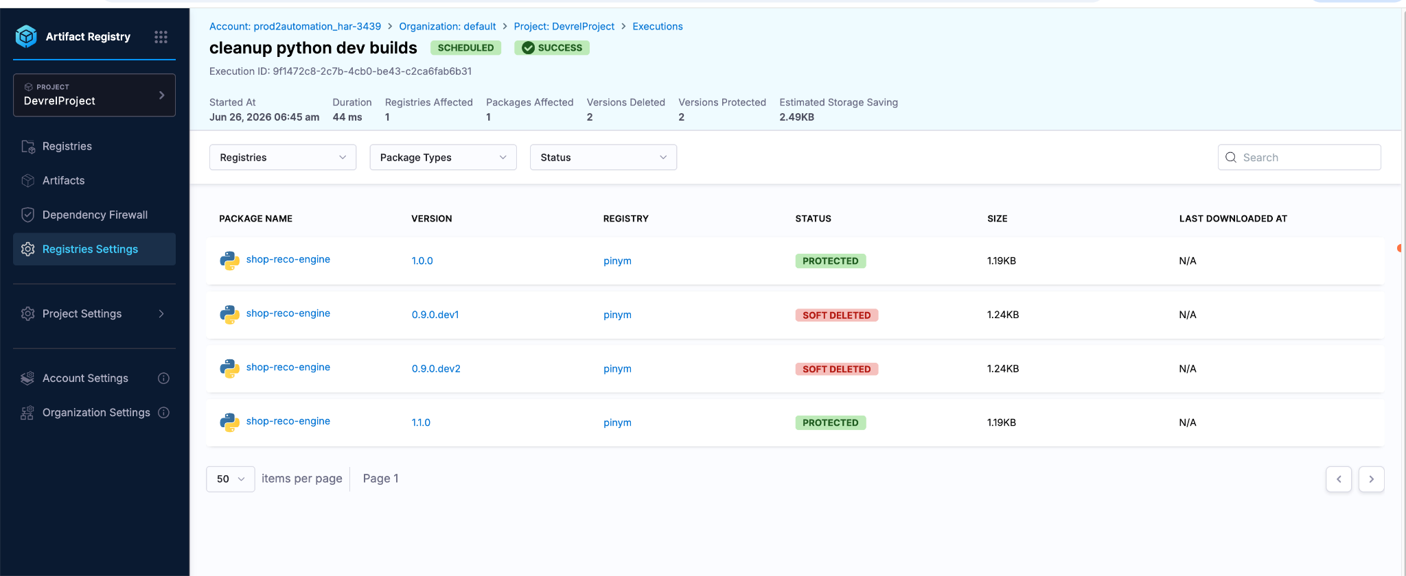 Execution detail view showing soft deleted versions and protected versions side by side