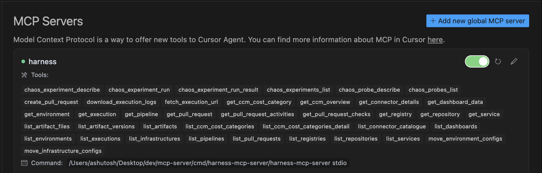 Harness MCP server shown as connected in Cursor settings, displaying a list of available chaos engineering tools