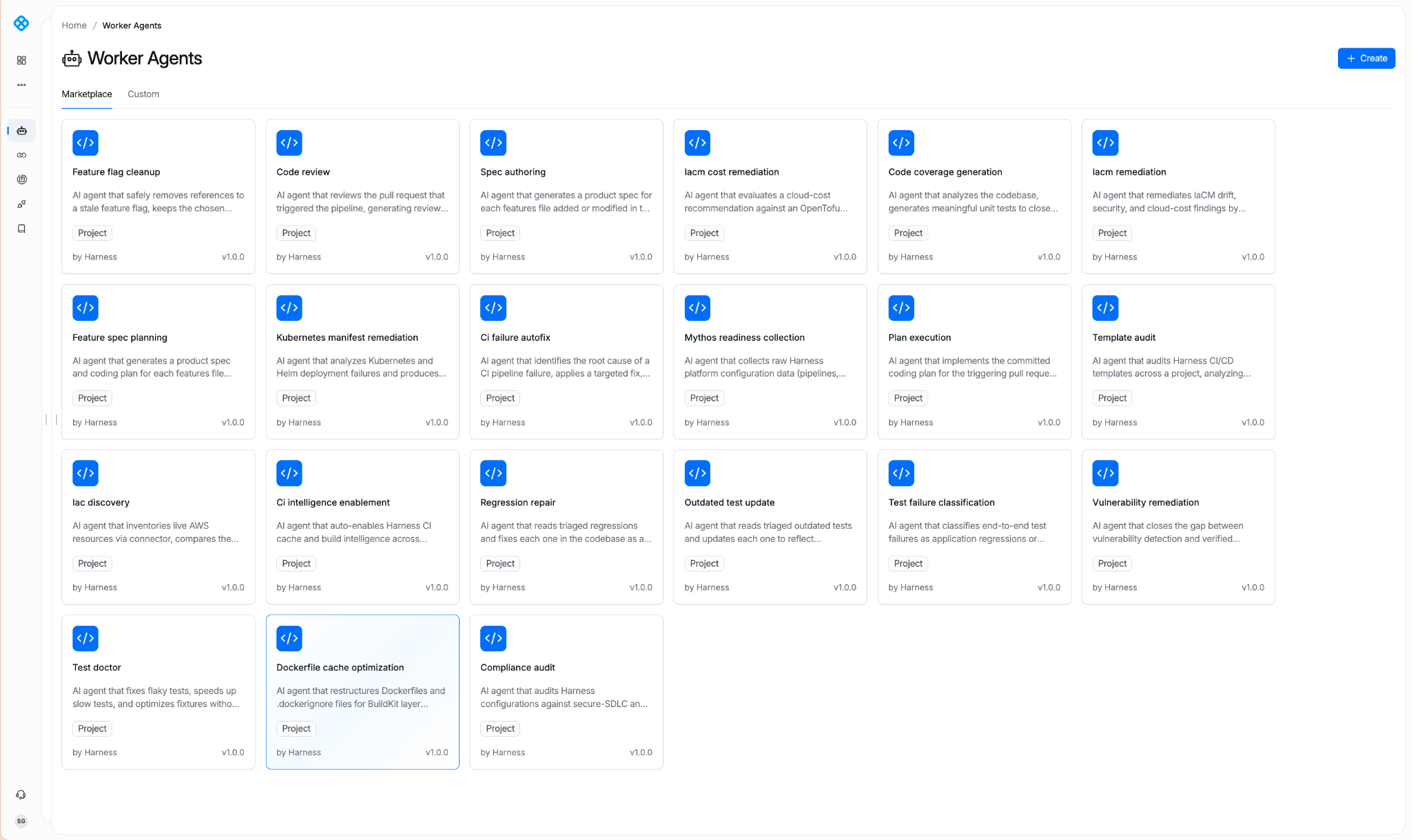 Harness Agent Marketplace interface for discovering, installing, and publishing Autonomous Worker Agents.