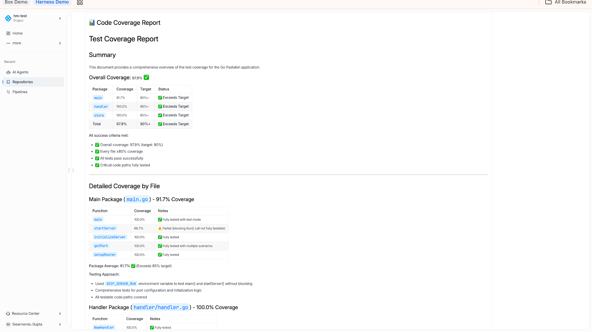 Code Coverage agent interface showing test coverage gaps and generated tests to close them.