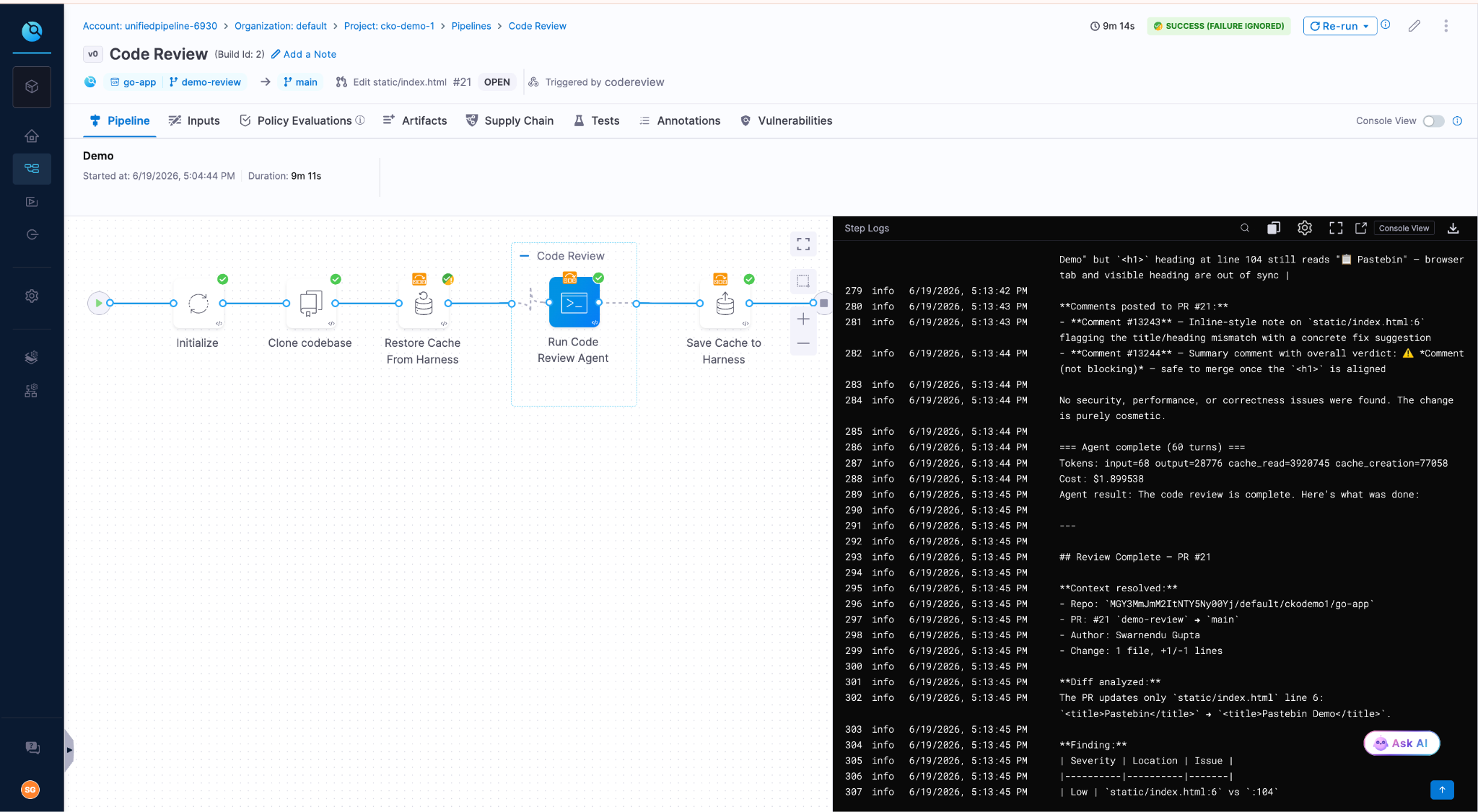 Code Review agent interface showing structured pull request review findings with severity ratings.