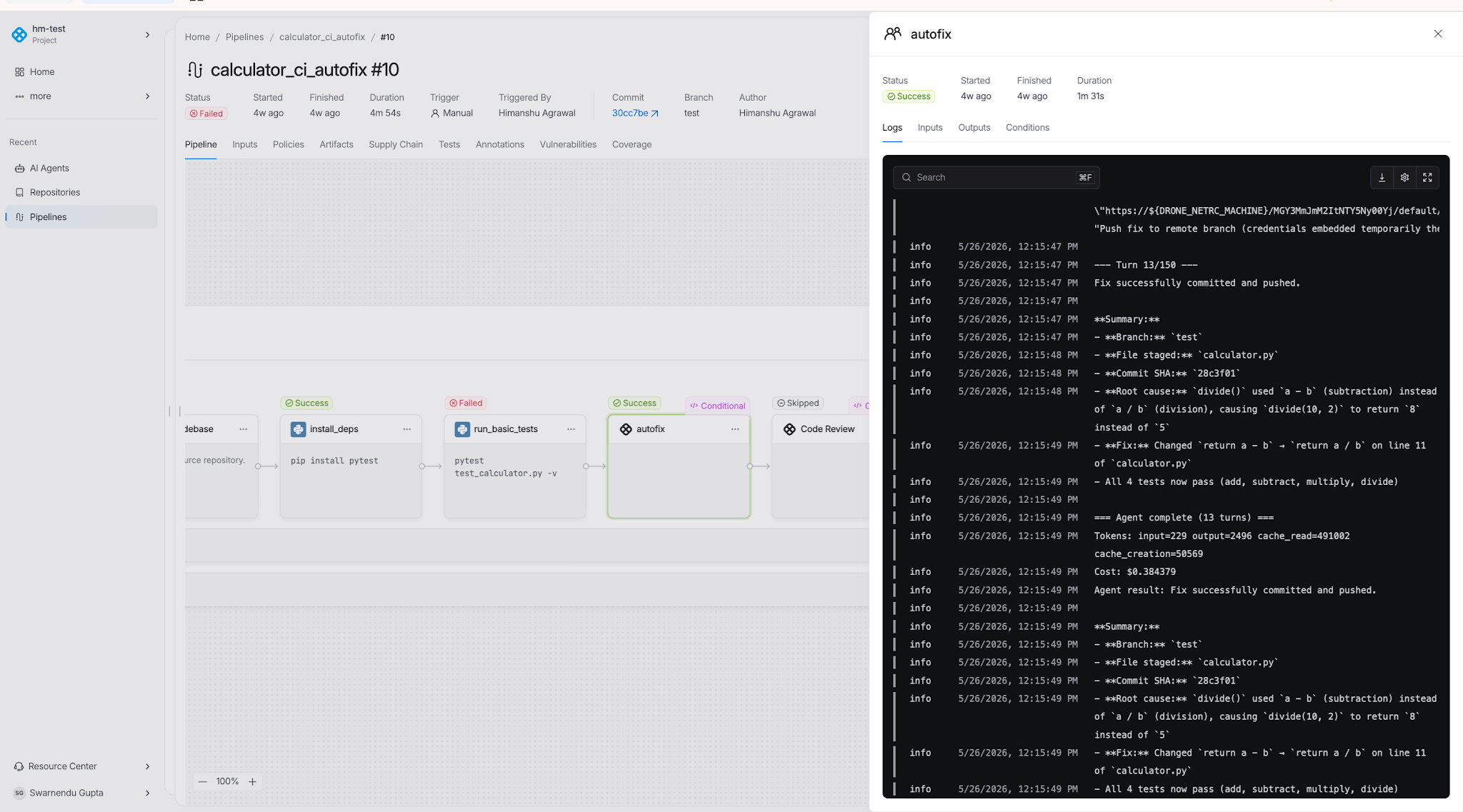 CI Autofix agent interface showing an automated build log analysis and fix workflow.